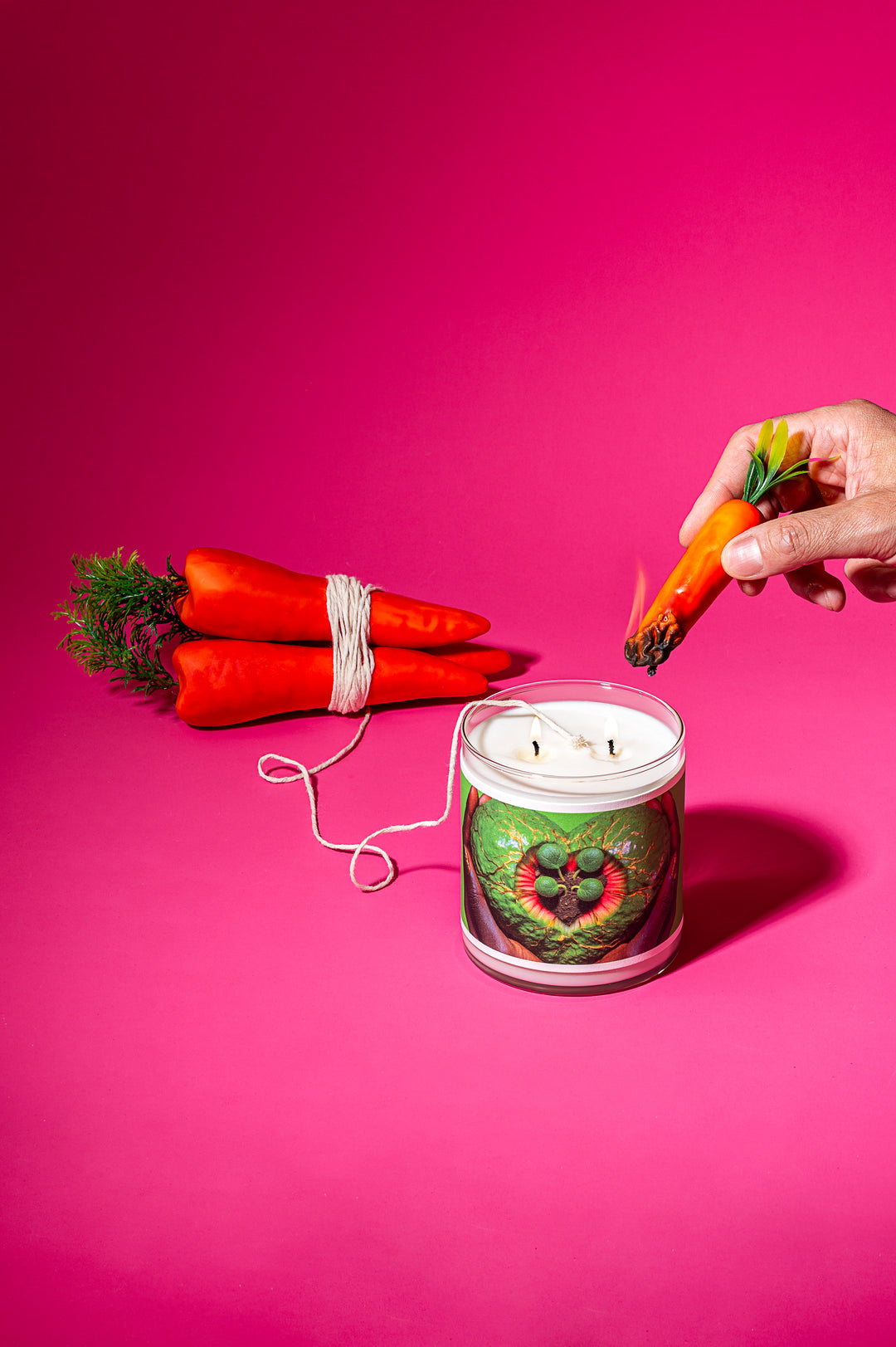 Candle with a decorative design on a pink background, surrounded by carrots.